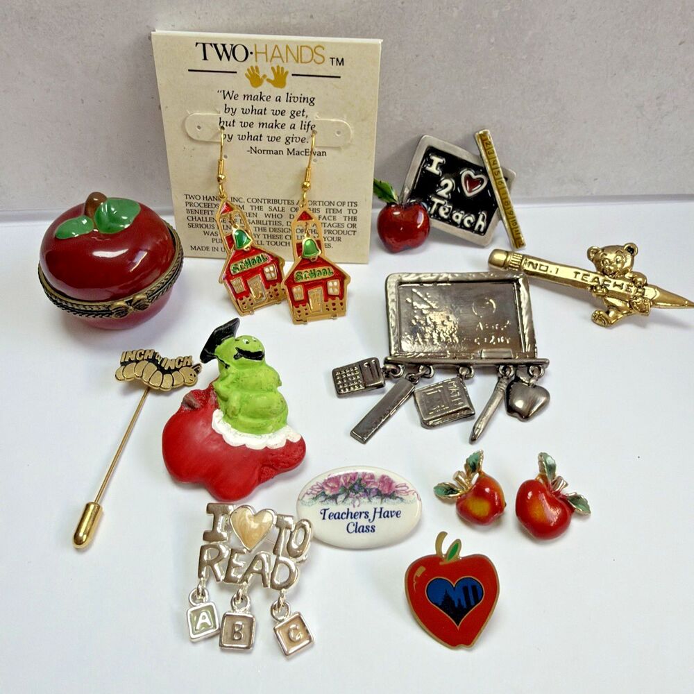 Vintage Teacher Jewelry Lot Apple Brooches Pins Earrings School Classroom Gifts